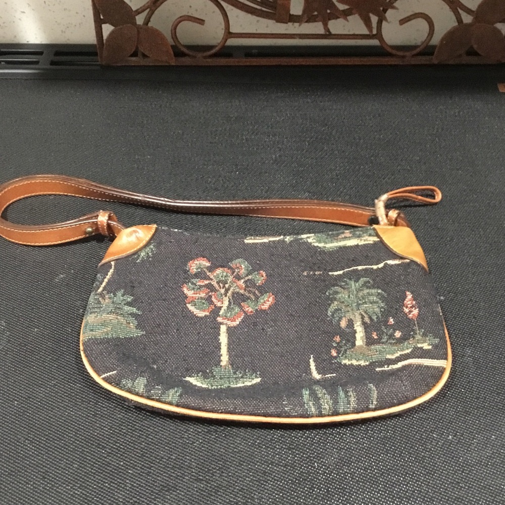 Tommy Bahama Black Tapestry Shoulder Bag with Brown Trim
